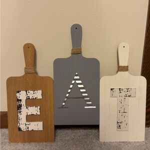 Set of 3 Decorative Wood Paddle Signs - E A T - Neutral Colors